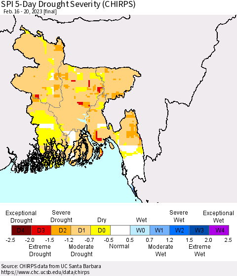 Bangladesh SPI 5-Day Drought Severity (CHIRPS) Thematic Map For 2/16/2023 - 2/20/2023