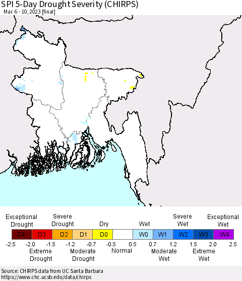 Bangladesh SPI 5-Day Drought Severity (CHIRPS) Thematic Map For 3/6/2023 - 3/10/2023