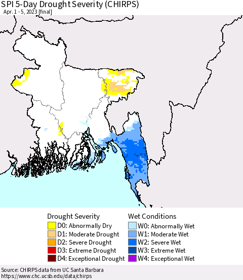 Bangladesh SPI 5-Day Drought Severity (CHIRPS) Thematic Map For 4/1/2023 - 4/5/2023