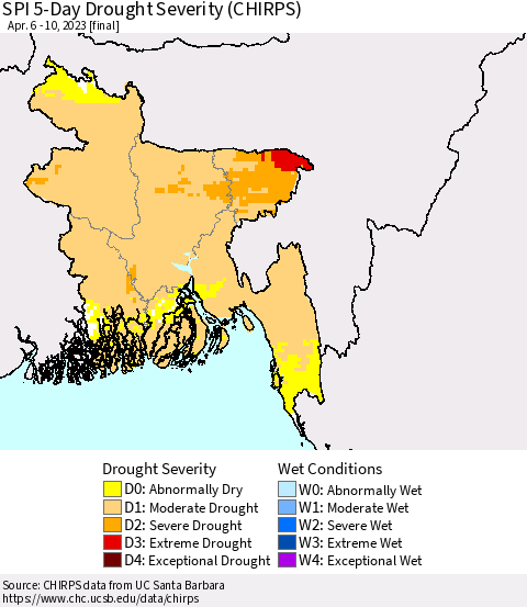 Bangladesh SPI 5-Day Drought Severity (CHIRPS) Thematic Map For 4/6/2023 - 4/10/2023