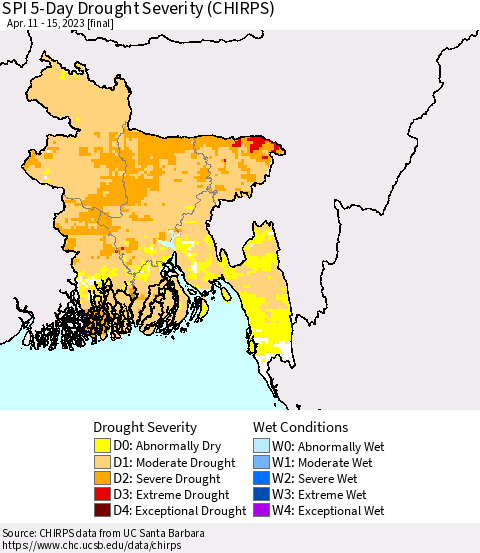 Bangladesh SPI 5-Day Drought Severity (CHIRPS) Thematic Map For 4/11/2023 - 4/15/2023