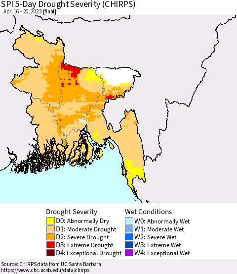 Bangladesh SPI 5-Day Drought Severity (CHIRPS) Thematic Map For 4/16/2023 - 4/20/2023