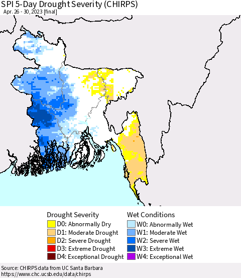 Bangladesh SPI 5-Day Drought Severity (CHIRPS) Thematic Map For 4/26/2023 - 4/30/2023