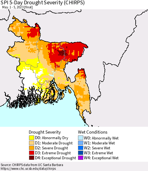 Bangladesh SPI 5-Day Drought Severity (CHIRPS) Thematic Map For 5/1/2023 - 5/5/2023