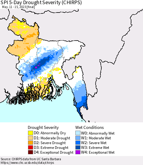 Bangladesh SPI 5-Day Drought Severity (CHIRPS) Thematic Map For 5/11/2023 - 5/15/2023