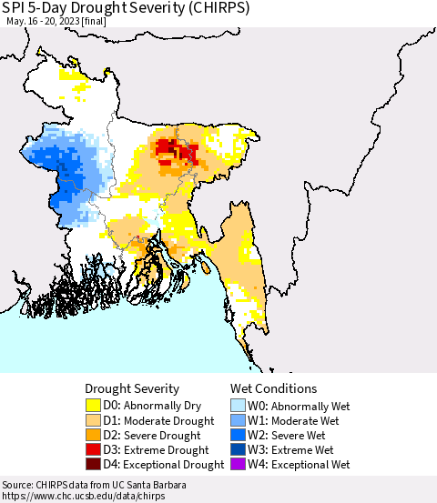 Bangladesh SPI 5-Day Drought Severity (CHIRPS) Thematic Map For 5/16/2023 - 5/20/2023