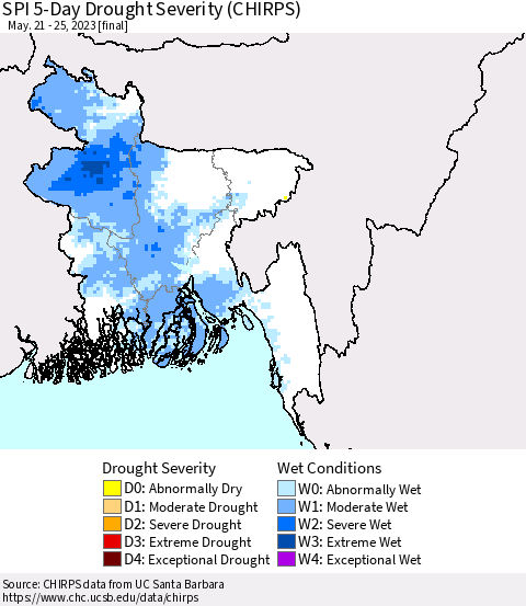 Bangladesh SPI 5-Day Drought Severity (CHIRPS) Thematic Map For 5/21/2023 - 5/25/2023