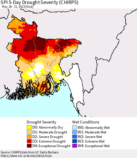 Bangladesh SPI 5-Day Drought Severity (CHIRPS) Thematic Map For 5/26/2023 - 5/31/2023