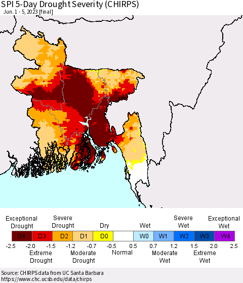 Bangladesh SPI 5-Day Drought Severity (CHIRPS) Thematic Map For 6/1/2023 - 6/5/2023