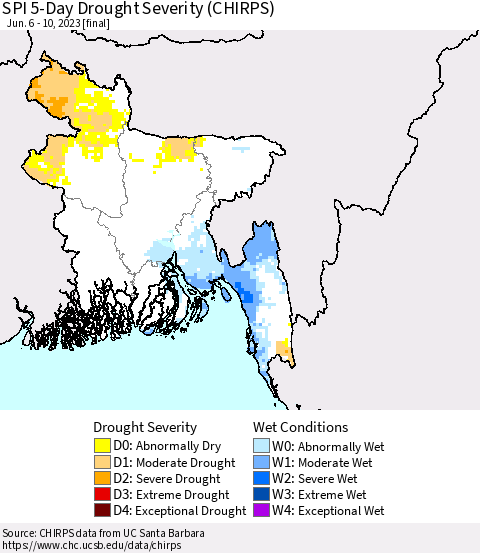 Bangladesh SPI 5-Day Drought Severity (CHIRPS) Thematic Map For 6/6/2023 - 6/10/2023