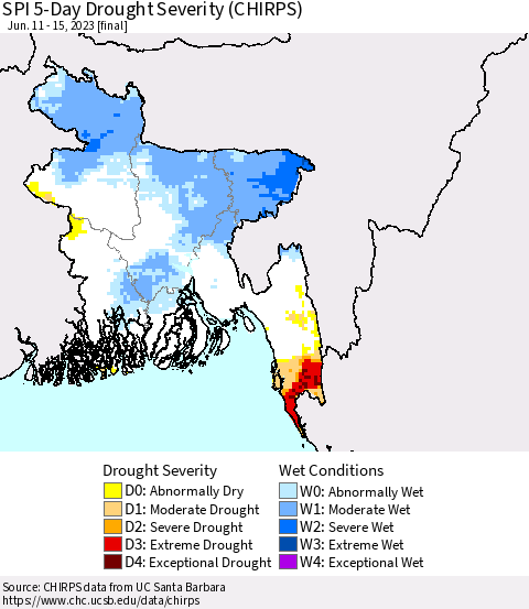 Bangladesh SPI 5-Day Drought Severity (CHIRPS) Thematic Map For 6/11/2023 - 6/15/2023