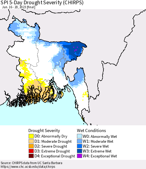 Bangladesh SPI 5-Day Drought Severity (CHIRPS) Thematic Map For 6/16/2023 - 6/20/2023