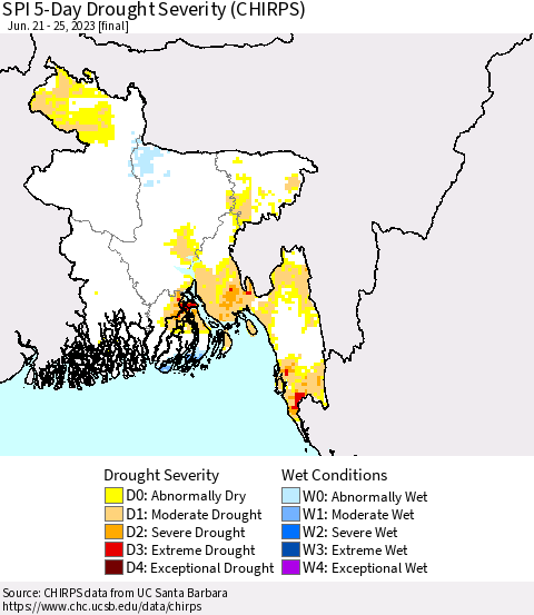 Bangladesh SPI 5-Day Drought Severity (CHIRPS) Thematic Map For 6/21/2023 - 6/25/2023