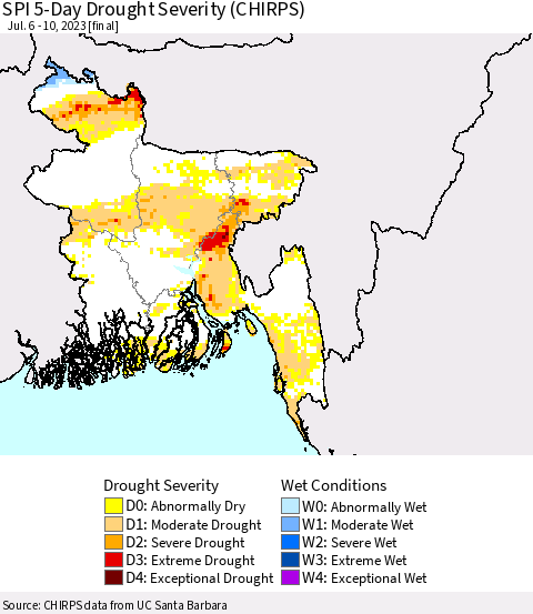 Bangladesh SPI 5-Day Drought Severity (CHIRPS) Thematic Map For 7/6/2023 - 7/10/2023