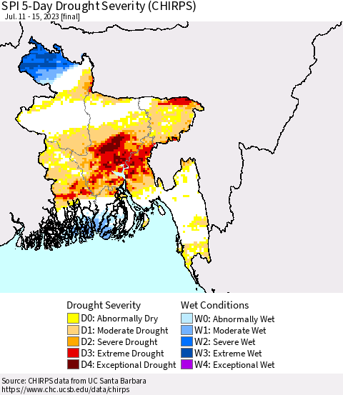 Bangladesh SPI 5-Day Drought Severity (CHIRPS) Thematic Map For 7/11/2023 - 7/15/2023
