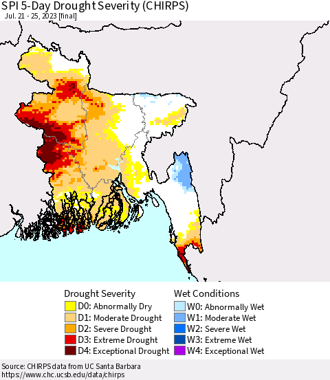 Bangladesh SPI 5-Day Drought Severity (CHIRPS) Thematic Map For 7/21/2023 - 7/25/2023