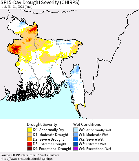 Bangladesh SPI 5-Day Drought Severity (CHIRPS) Thematic Map For 7/26/2023 - 7/31/2023