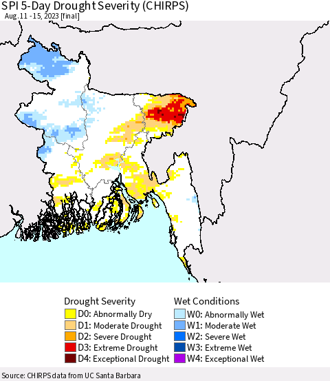 Bangladesh SPI 5-Day Drought Severity (CHIRPS) Thematic Map For 8/11/2023 - 8/15/2023