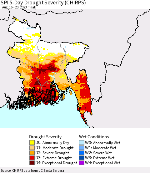 Bangladesh SPI 5-Day Drought Severity (CHIRPS) Thematic Map For 8/16/2023 - 8/20/2023