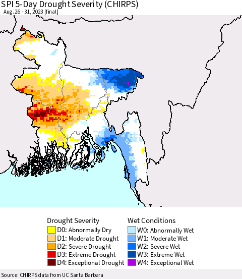 Bangladesh SPI 5-Day Drought Severity (CHIRPS) Thematic Map For 8/26/2023 - 8/31/2023