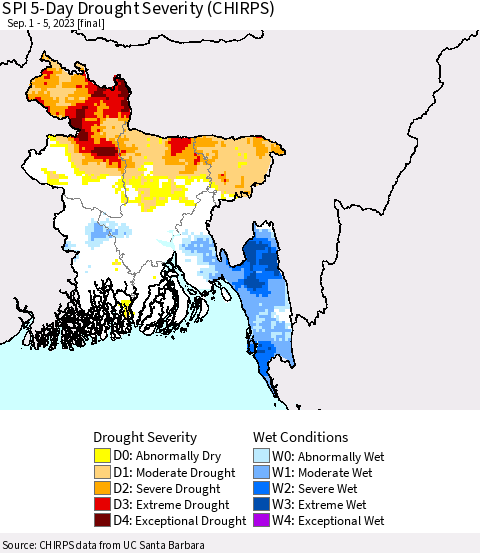 Bangladesh SPI 5-Day Drought Severity (CHIRPS) Thematic Map For 9/1/2023 - 9/5/2023