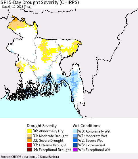 Bangladesh SPI 5-Day Drought Severity (CHIRPS) Thematic Map For 9/6/2023 - 9/10/2023