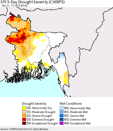 Bangladesh SPI 5-Day Drought Severity (CHIRPS) Thematic Map For 9/11/2023 - 9/15/2023
