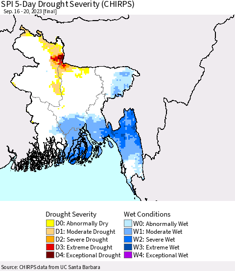 Bangladesh SPI 5-Day Drought Severity (CHIRPS) Thematic Map For 9/16/2023 - 9/20/2023