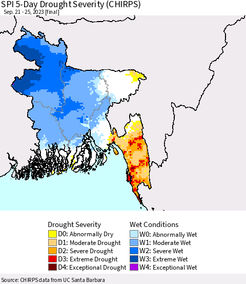 Bangladesh SPI 5-Day Drought Severity (CHIRPS) Thematic Map For 9/21/2023 - 9/25/2023
