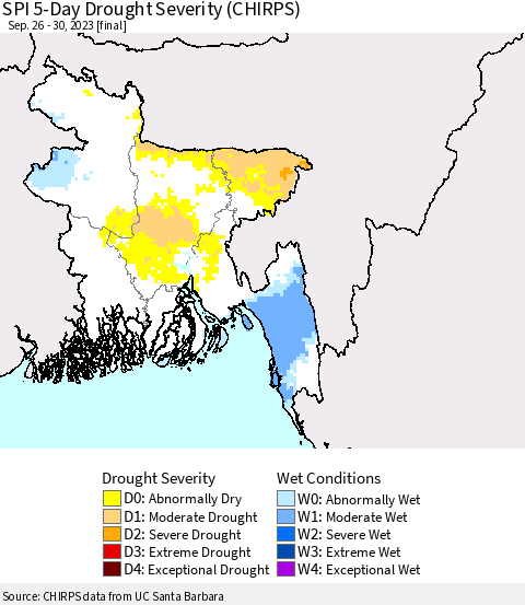 Bangladesh SPI 5-Day Drought Severity (CHIRPS) Thematic Map For 9/26/2023 - 9/30/2023