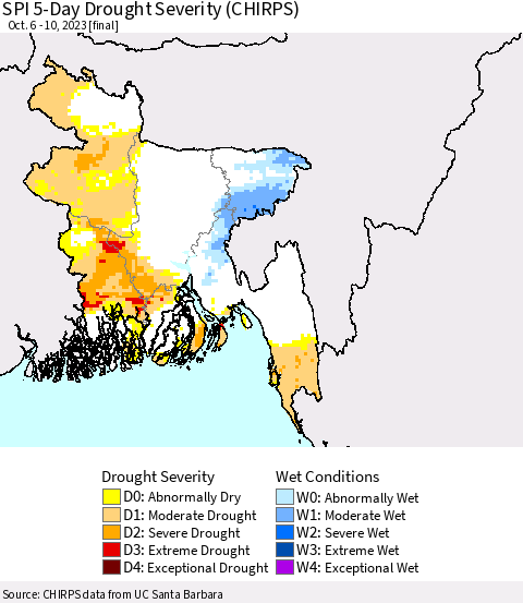 Bangladesh SPI 5-Day Drought Severity (CHIRPS) Thematic Map For 10/6/2023 - 10/10/2023