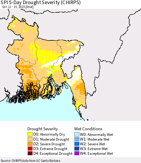 Bangladesh SPI 5-Day Drought Severity (CHIRPS) Thematic Map For 10/11/2023 - 10/15/2023