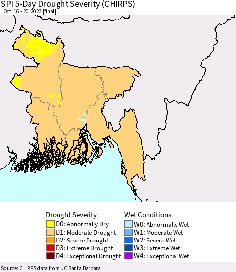 Bangladesh SPI 5-Day Drought Severity (CHIRPS) Thematic Map For 10/16/2023 - 10/20/2023