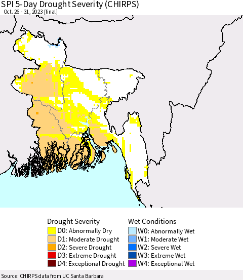 Bangladesh SPI 5-Day Drought Severity (CHIRPS) Thematic Map For 10/26/2023 - 10/31/2023