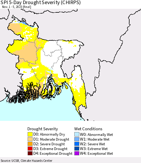 Bangladesh SPI 5-Day Drought Severity (CHIRPS) Thematic Map For 11/1/2023 - 11/5/2023