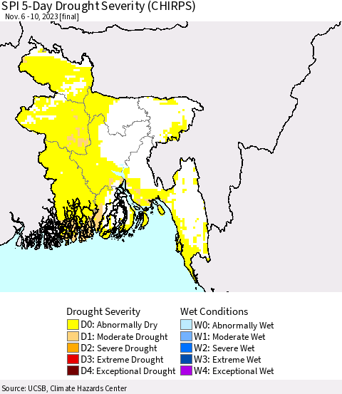 Bangladesh SPI 5-Day Drought Severity (CHIRPS) Thematic Map For 11/6/2023 - 11/10/2023