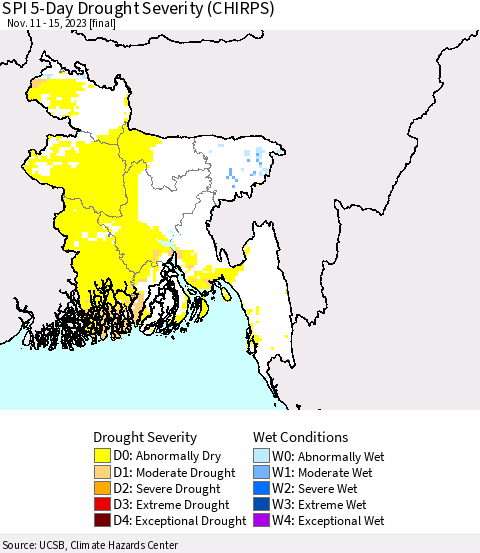 Bangladesh SPI 5-Day Drought Severity (CHIRPS) Thematic Map For 11/11/2023 - 11/15/2023