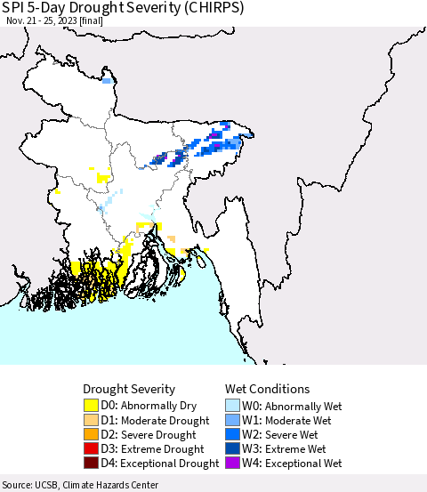 Bangladesh SPI 5-Day Drought Severity (CHIRPS) Thematic Map For 11/21/2023 - 11/25/2023