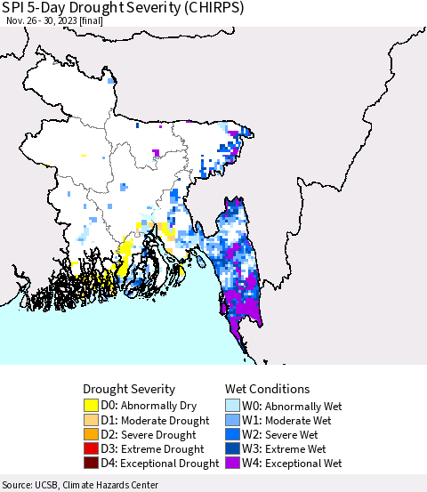Bangladesh SPI 5-Day Drought Severity (CHIRPS) Thematic Map For 11/26/2023 - 11/30/2023