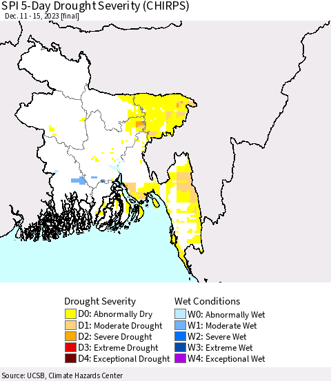 Bangladesh SPI 5-Day Drought Severity (CHIRPS) Thematic Map For 12/11/2023 - 12/15/2023