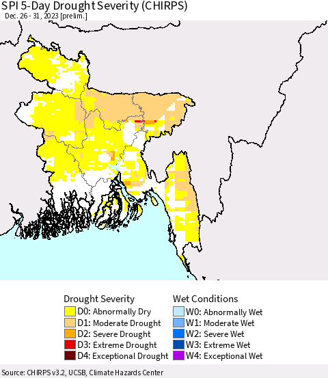 Bangladesh SPI 5-Day Drought Severity (CHIRPS) Thematic Map For 12/26/2023 - 12/31/2023
