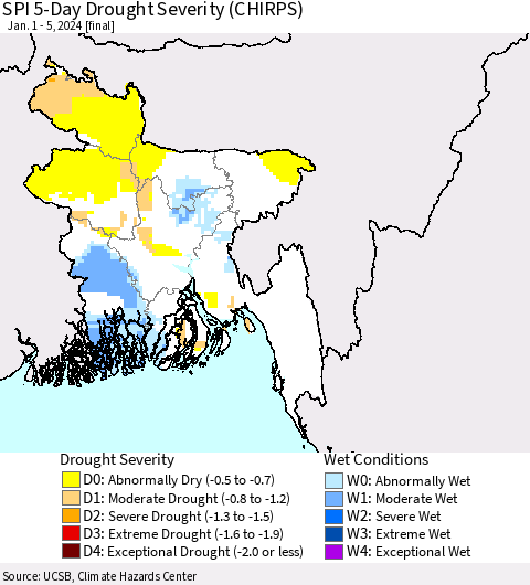 Bangladesh SPI 5-Day Drought Severity (CHIRPS) Thematic Map For 1/1/2024 - 1/5/2024