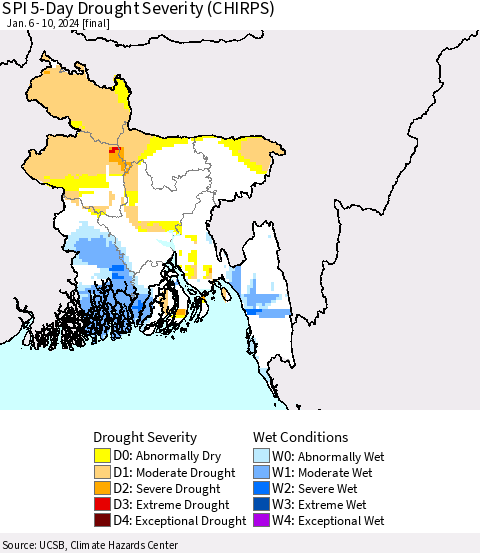 Bangladesh SPI 5-Day Drought Severity (CHIRPS) Thematic Map For 1/6/2024 - 1/10/2024