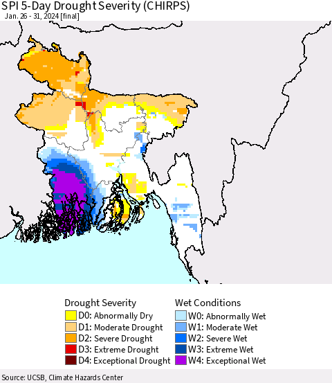 Bangladesh SPI 5-Day Drought Severity (CHIRPS) Thematic Map For 1/26/2024 - 1/31/2024