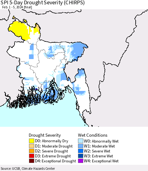 Bangladesh SPI 5-Day Drought Severity (CHIRPS) Thematic Map For 2/1/2024 - 2/5/2024