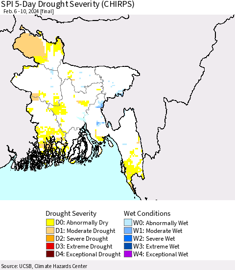Bangladesh SPI 5-Day Drought Severity (CHIRPS) Thematic Map For 2/6/2024 - 2/10/2024