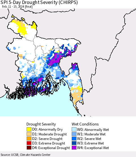 Bangladesh SPI 5-Day Drought Severity (CHIRPS) Thematic Map For 2/11/2024 - 2/15/2024