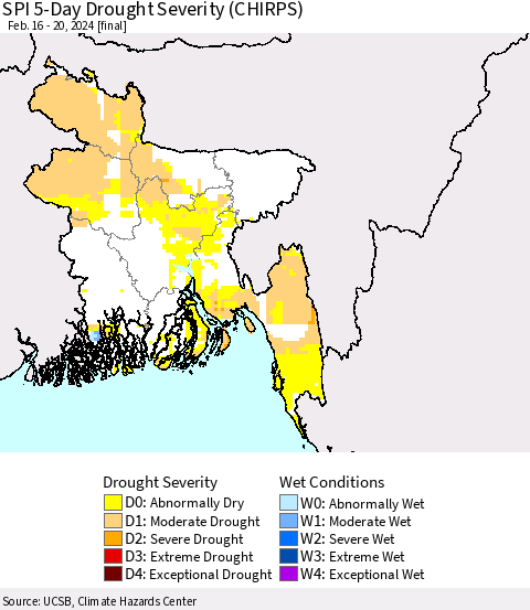 Bangladesh SPI 5-Day Drought Severity (CHIRPS) Thematic Map For 2/16/2024 - 2/20/2024