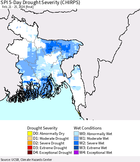 Bangladesh SPI 5-Day Drought Severity (CHIRPS) Thematic Map For 2/21/2024 - 2/25/2024