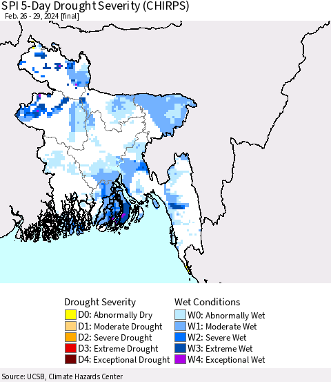 Bangladesh SPI 5-Day Drought Severity (CHIRPS) Thematic Map For 2/26/2024 - 2/29/2024